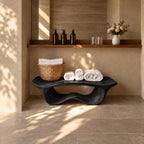 Wave Base Sculptural Shower Bench, Organic Solid Wood Spa Bench with Undulating Underframe, 39-65 Inch