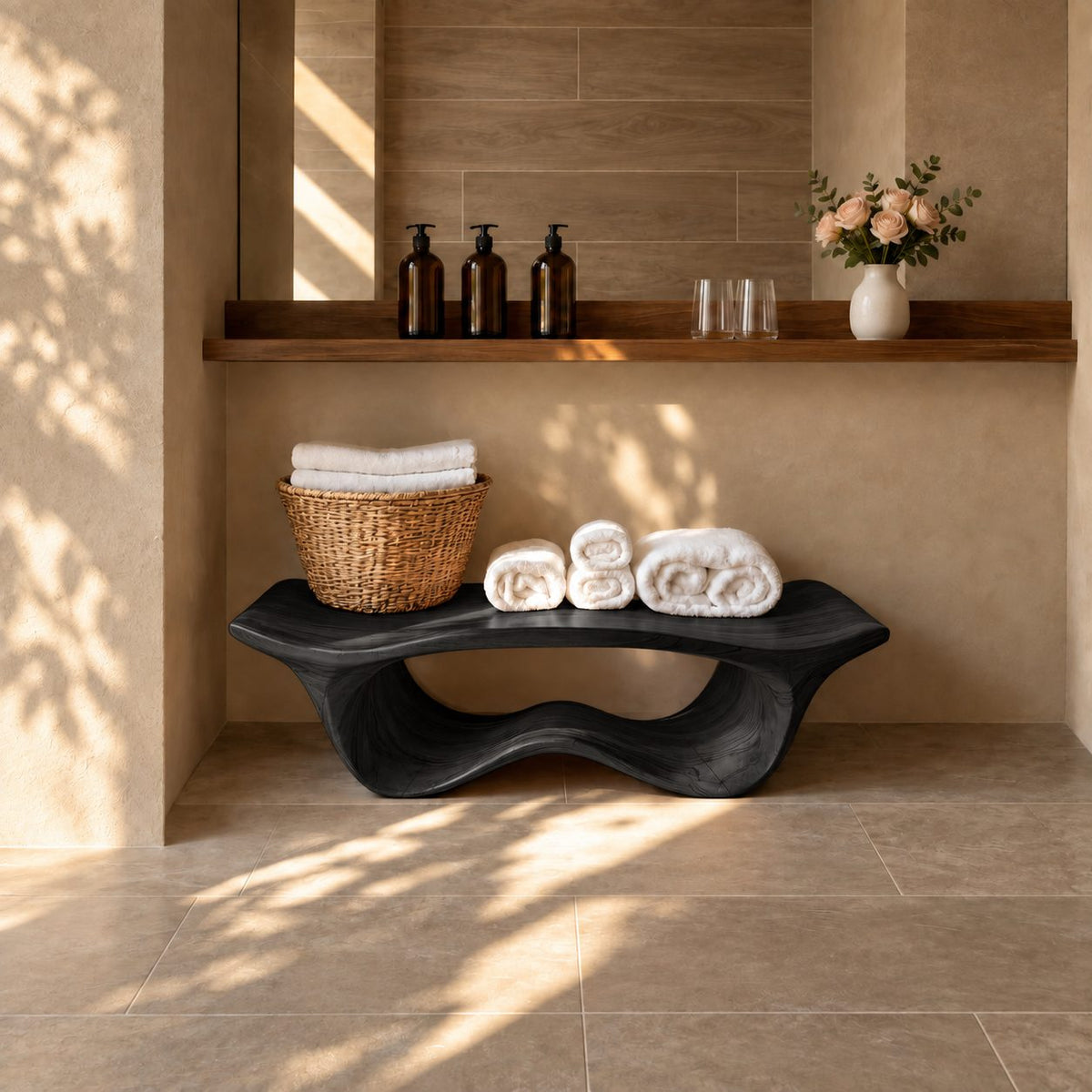 Wave Base Sculptural Shower Bench, Organic Solid Wood Spa Bench with Undulating Underframe, 39-65 Inch
