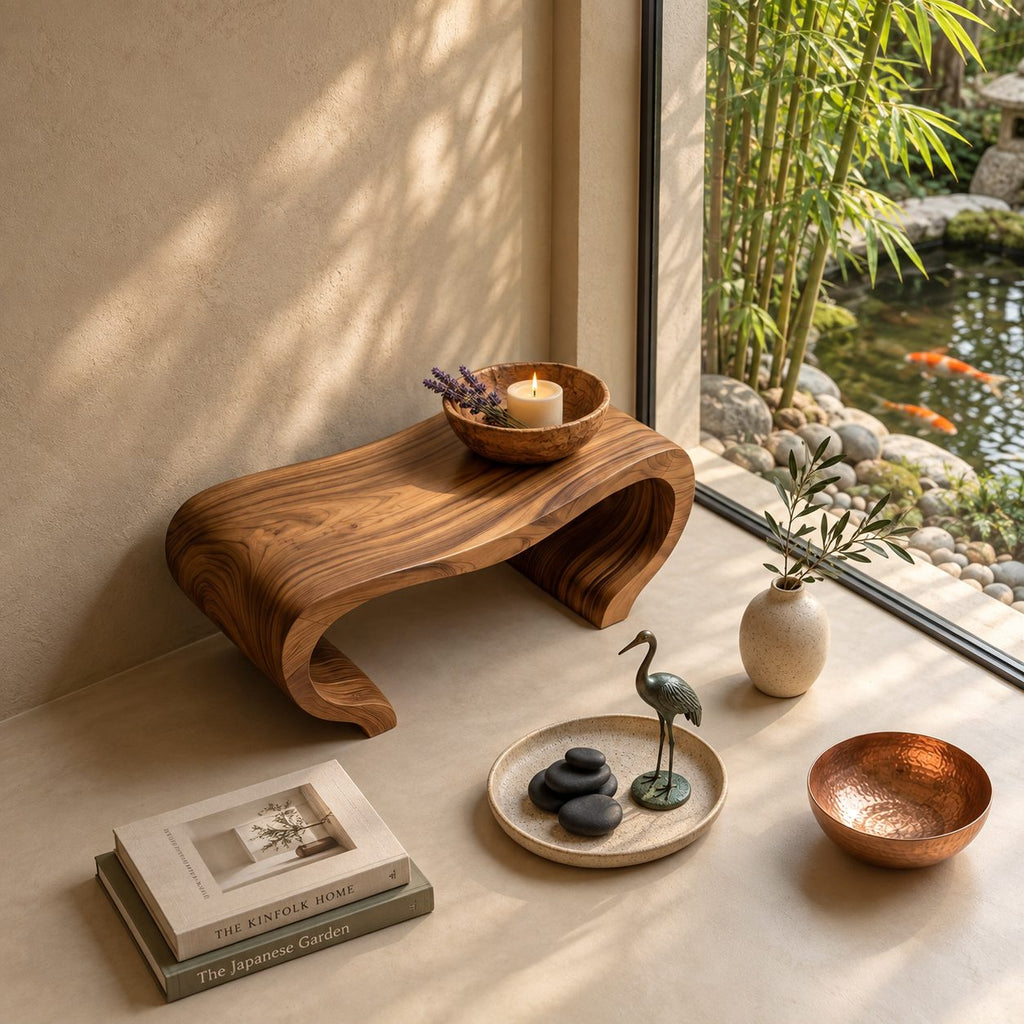 Curl End Shower Bench, Solid Wood Spa Bench with Rolled S-Curve Ends and Thick Slab Top, 39-65 Inch