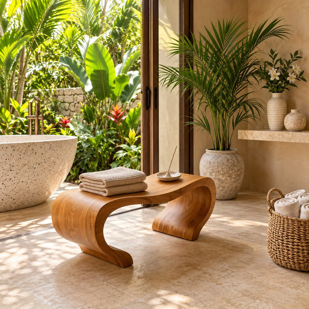 Curl End Shower Bench, Solid Wood Spa Bench with Rolled S-Curve Ends and Thick Slab Top, 39-65 Inch