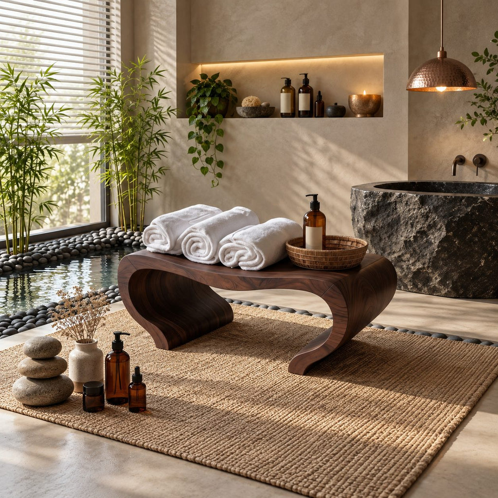 Curl End Shower Bench, Solid Wood Spa Bench with Rolled S-Curve Ends and Thick Slab Top, 39-65 Inch