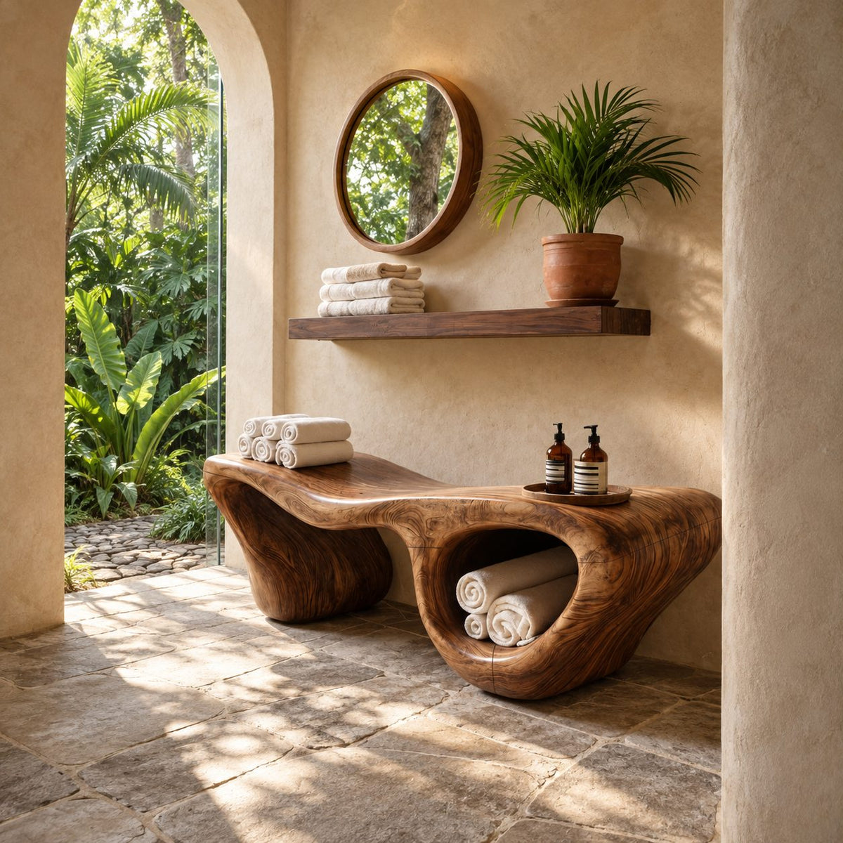 Hollow Lobe Carved Shower Bench, Organic Solid Wood Bathroom Bench with Open Towel Cubby, 39-65 Inch