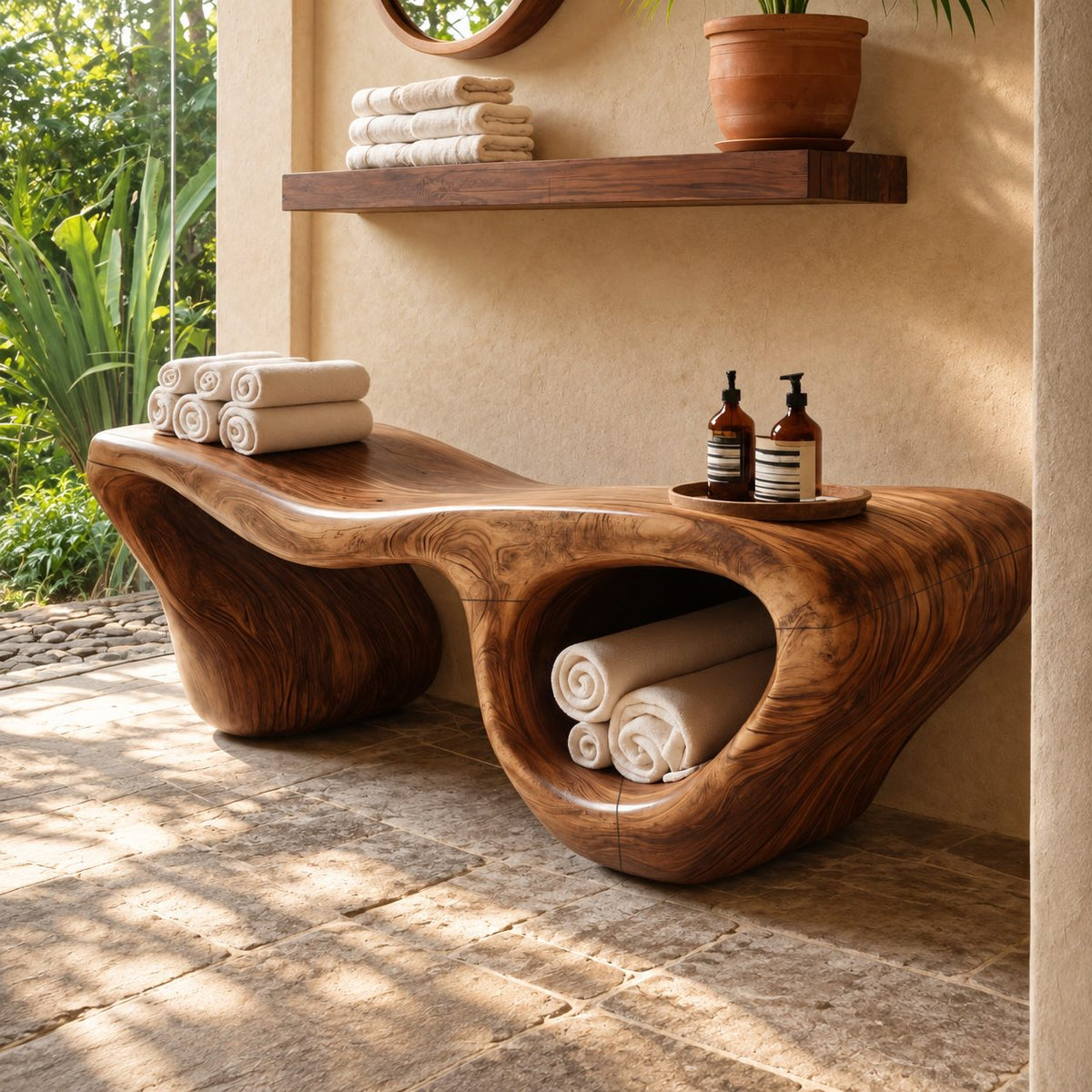 Hollow Lobe Carved Shower Bench, Organic Solid Wood Bathroom Bench with Open Towel Cubby, 39-65 Inch