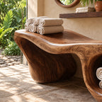 Hollow Lobe Carved Shower Bench, Organic Solid Wood Bathroom Bench with Open Towel Cubby, 39-65 Inch