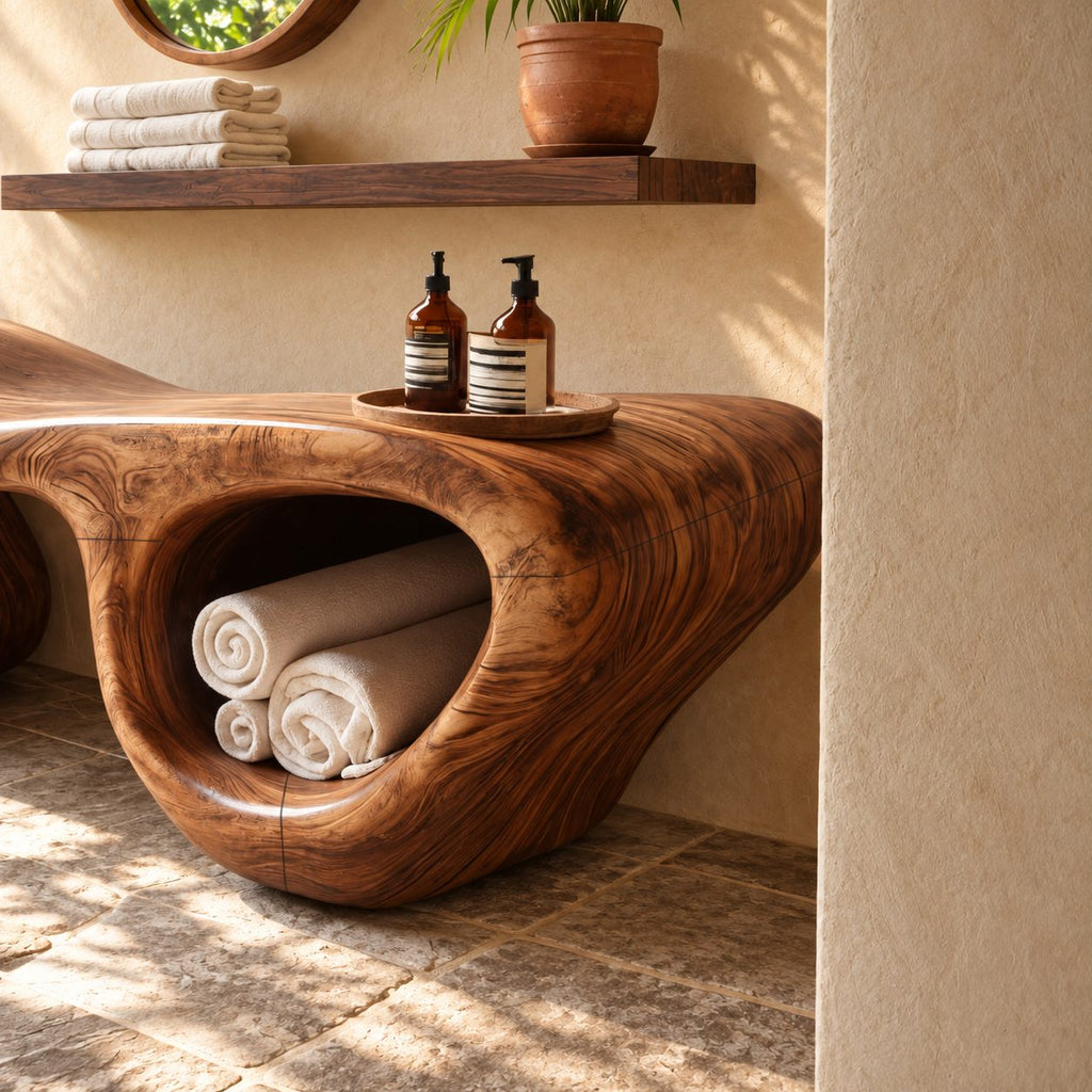 Hollow Lobe Carved Shower Bench, Organic Solid Wood Bathroom Bench with Open Towel Cubby, 39-65 Inch
