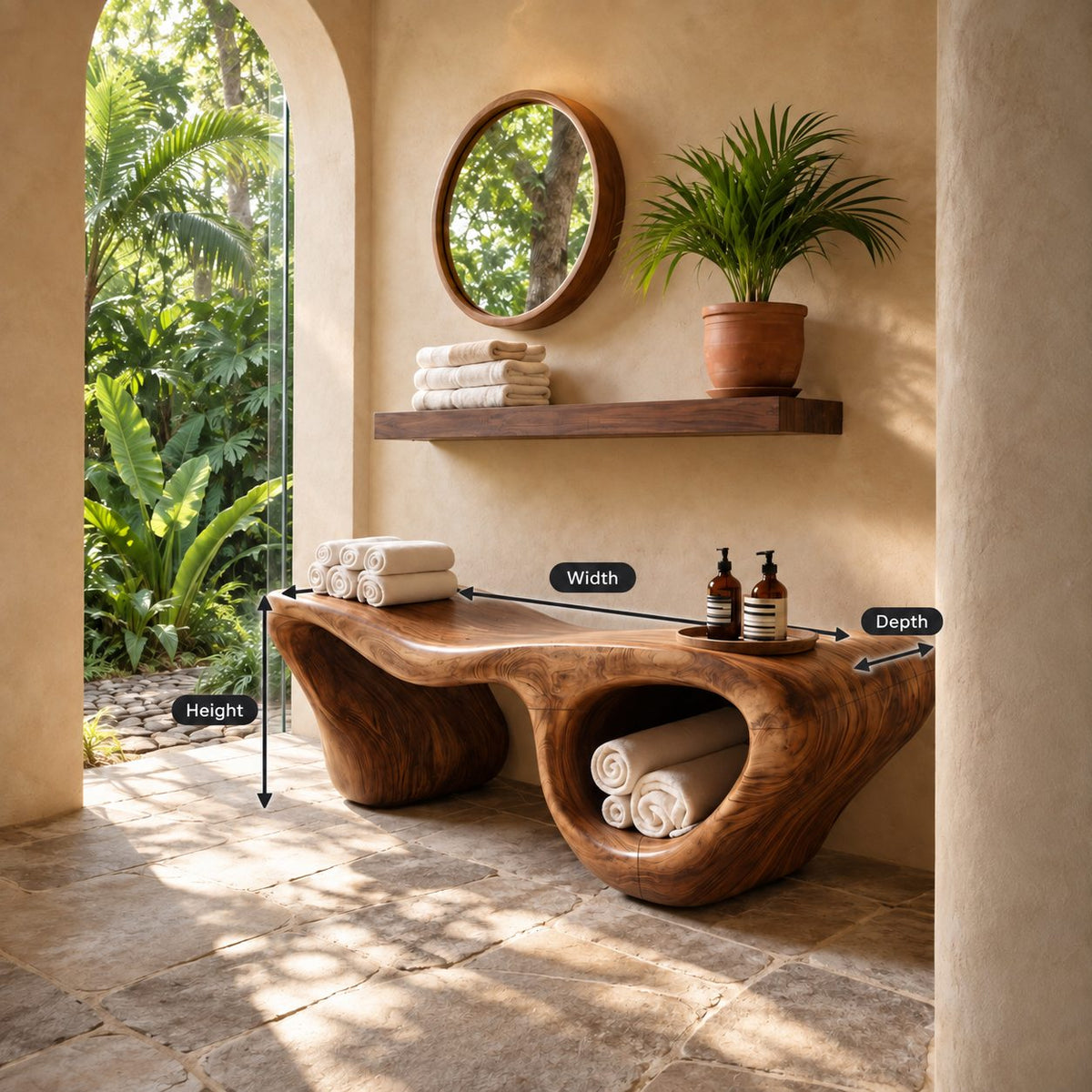 Hollow Lobe Carved Shower Bench, Organic Solid Wood Bathroom Bench with Open Towel Cubby, 39-65 Inch
