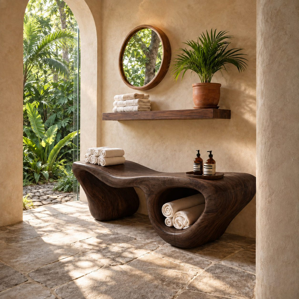 Hollow Lobe Carved Shower Bench, Organic Solid Wood Bathroom Bench with Open Towel Cubby, 39-65 Inch