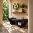 Hollow Lobe Carved Shower Bench, Organic Solid Wood Bathroom Bench with Open Towel Cubby, 39-65 Inch