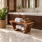 Two Tier Sculptural Shower Bench, Flared Solid Wood Bathroom Bench with Wavy Lower Towel Shelf, 39-65 Inch