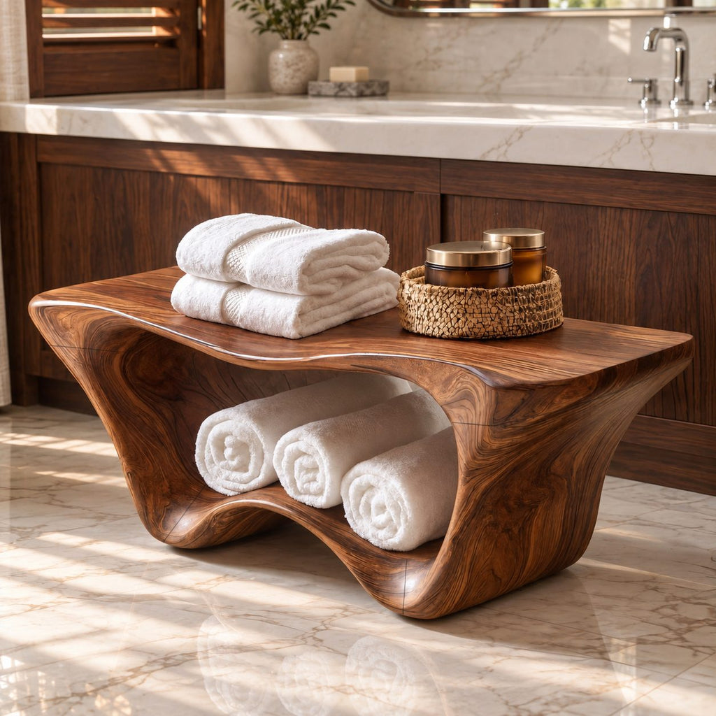 Two Tier Sculptural Shower Bench, Flared Solid Wood Bathroom Bench with Wavy Lower Towel Shelf, 39-65 Inch
