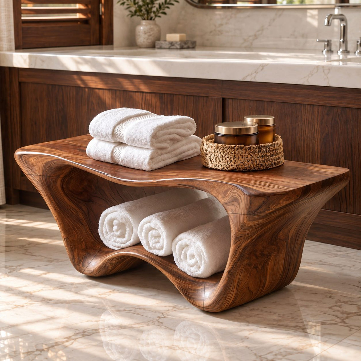 Two Tier Sculptural Shower Bench, Flared Solid Wood Bathroom Bench with Wavy Lower Towel Shelf, 39-65 Inch