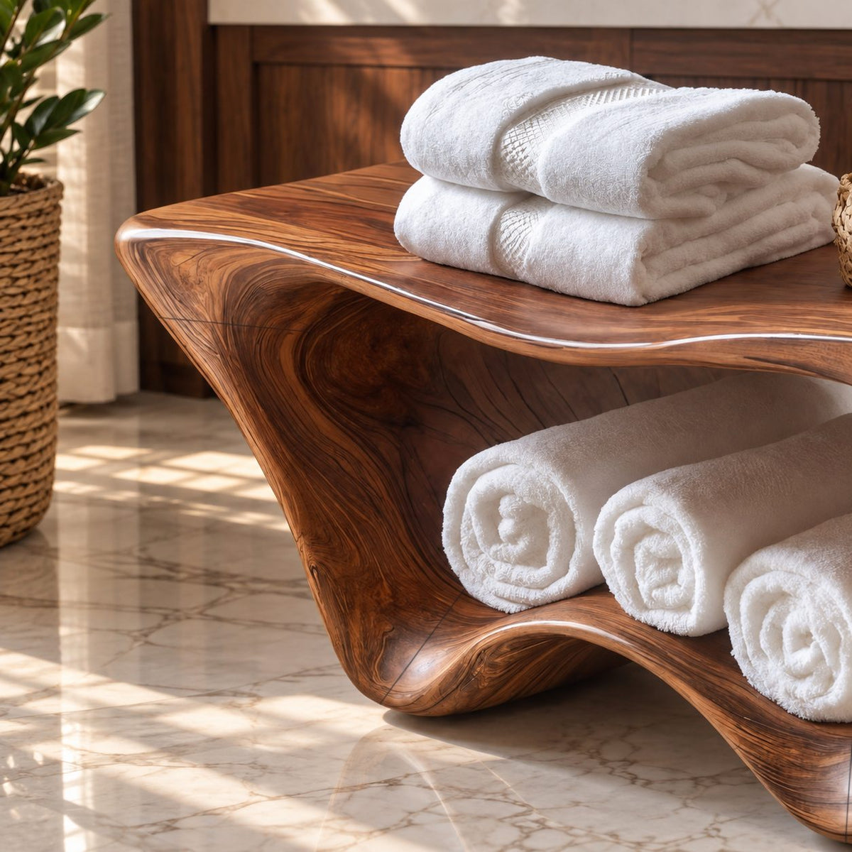 Two Tier Sculptural Shower Bench, Flared Solid Wood Bathroom Bench with Wavy Lower Towel Shelf, 39-65 Inch