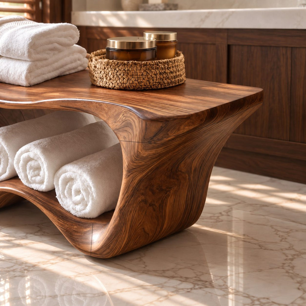 Two Tier Sculptural Shower Bench, Flared Solid Wood Bathroom Bench with Wavy Lower Towel Shelf, 39-65 Inch