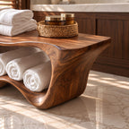 Two Tier Sculptural Shower Bench, Flared Solid Wood Bathroom Bench with Wavy Lower Towel Shelf, 39-65 Inch