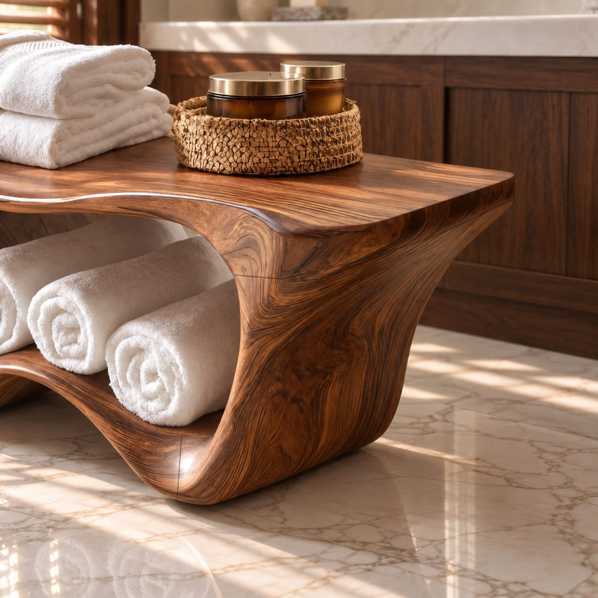 Two Tier Sculptural Shower Bench, Flared Solid Wood Bathroom Bench with Wavy Lower Towel Shelf, 39-65 Inch