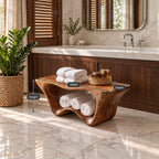 Two Tier Sculptural Shower Bench, Flared Solid Wood Bathroom Bench with Wavy Lower Towel Shelf, 39-65 Inch