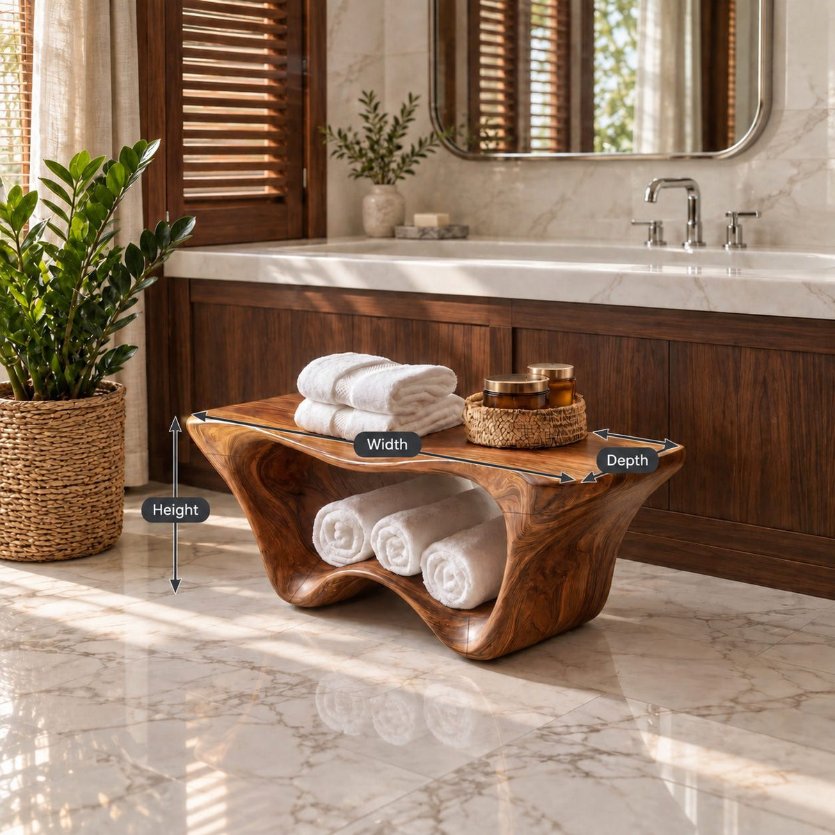 Two Tier Sculptural Shower Bench, Flared Solid Wood Bathroom Bench with Wavy Lower Towel Shelf, 39-65 Inch