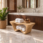 Two Tier Sculptural Shower Bench, Flared Solid Wood Bathroom Bench with Wavy Lower Towel Shelf, 39-65 Inch