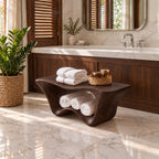 Two Tier Sculptural Shower Bench, Flared Solid Wood Bathroom Bench with Wavy Lower Towel Shelf, 39-65 Inch