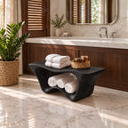 Two Tier Sculptural Shower Bench, Flared Solid Wood Bathroom Bench with Wavy Lower Towel Shelf, 39-65 Inch