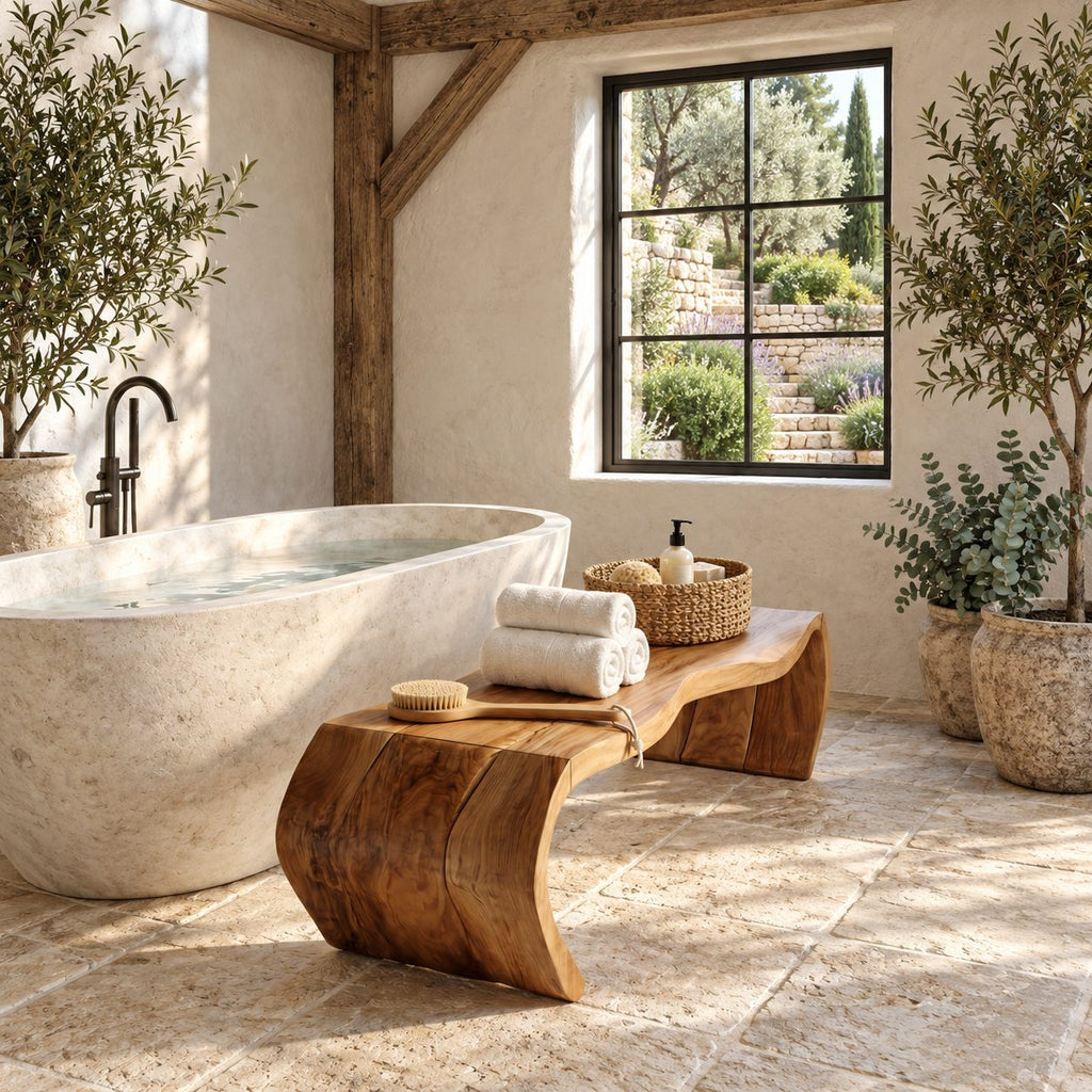 Waterfall Curve Shower Bench, Solid Wood Spa Bench with Rolled C-Shaped Slab Legs, 42-60 Inch