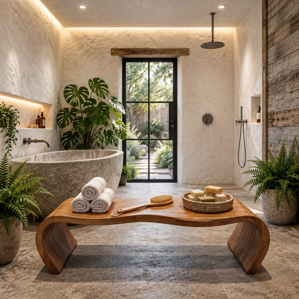 Waterfall Curve Shower Bench, Solid Wood Spa Bench with Rolled C-Shaped Slab Legs, 42-60 Inch