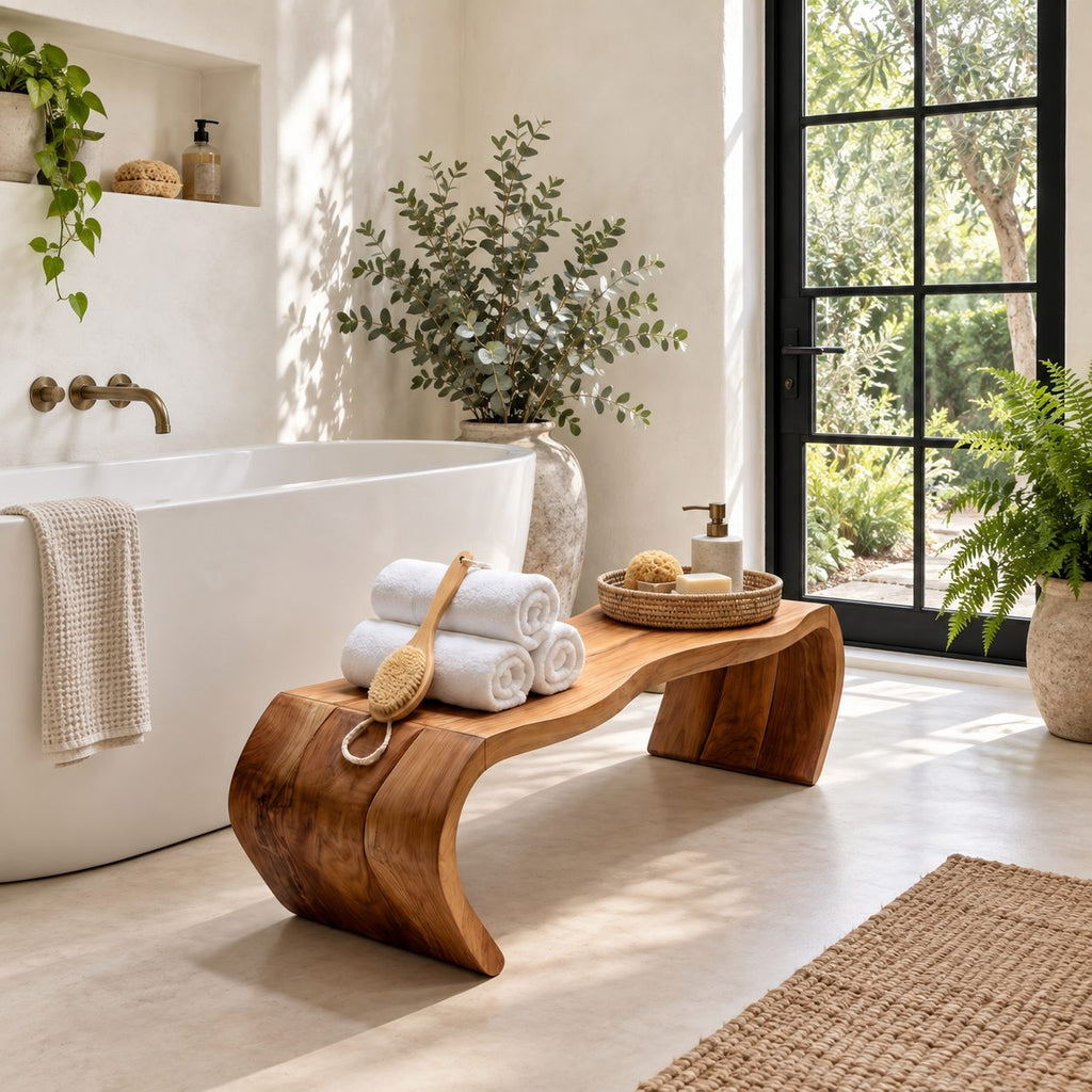 Waterfall Curve Shower Bench, Solid Wood Spa Bench with Rolled C-Shaped Slab Legs, 42-60 Inch