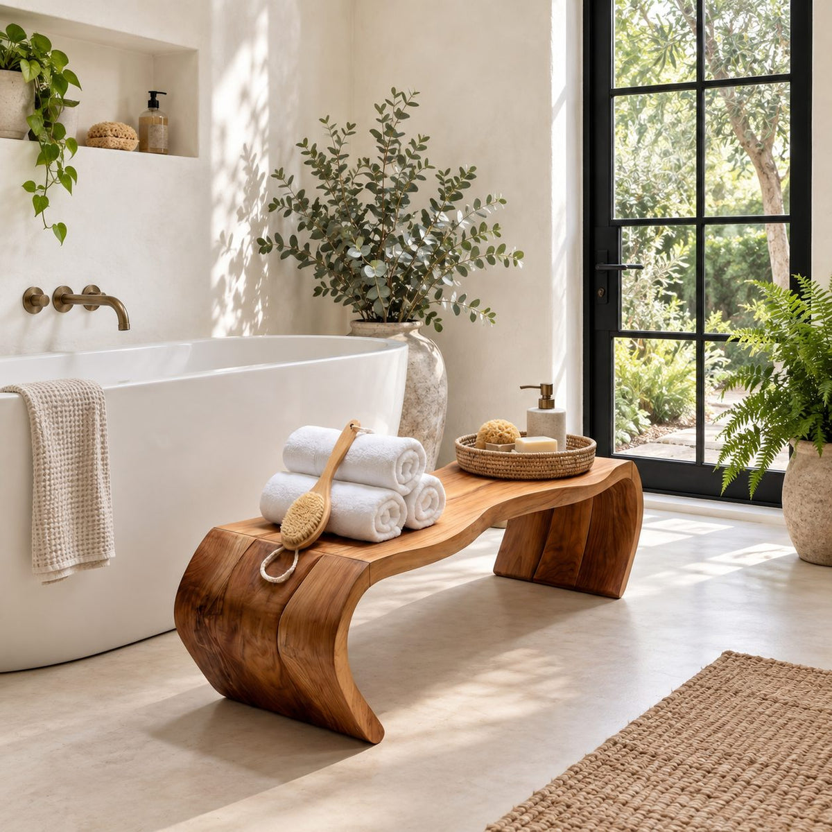 Waterfall Curve Shower Bench, Solid Wood Spa Bench with Rolled C-Shaped Slab Legs, 42-60 Inch