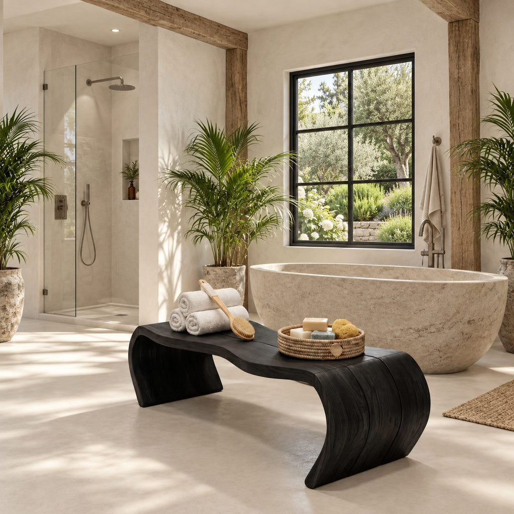 Waterfall Curve Shower Bench, Solid Wood Spa Bench with Rolled C-Shaped Slab Legs, 42-60 Inch