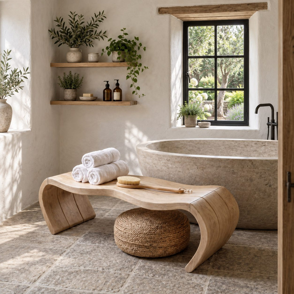 Waterfall Curve Shower Bench, Solid Wood Spa Bench with Rolled C-Shaped Slab Legs, 42-60 Inch