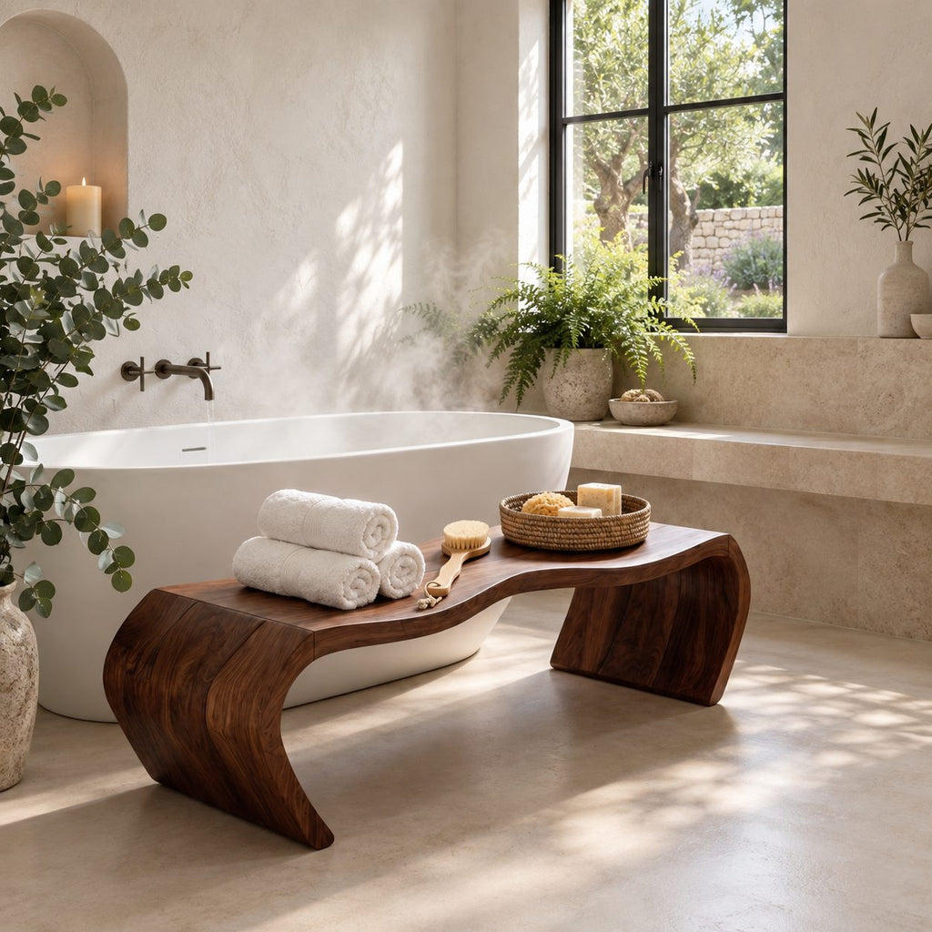 Waterfall Curve Shower Bench, Solid Wood Spa Bench with Rolled C-Shaped Slab Legs, 42-60 Inch