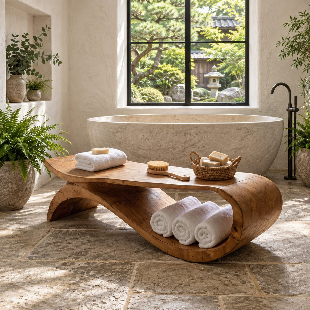S-Swoop Shower Bench, Tall Solid Wood Spa Bench with Curving Base and Lower Towel Tray, 42-60 Inch