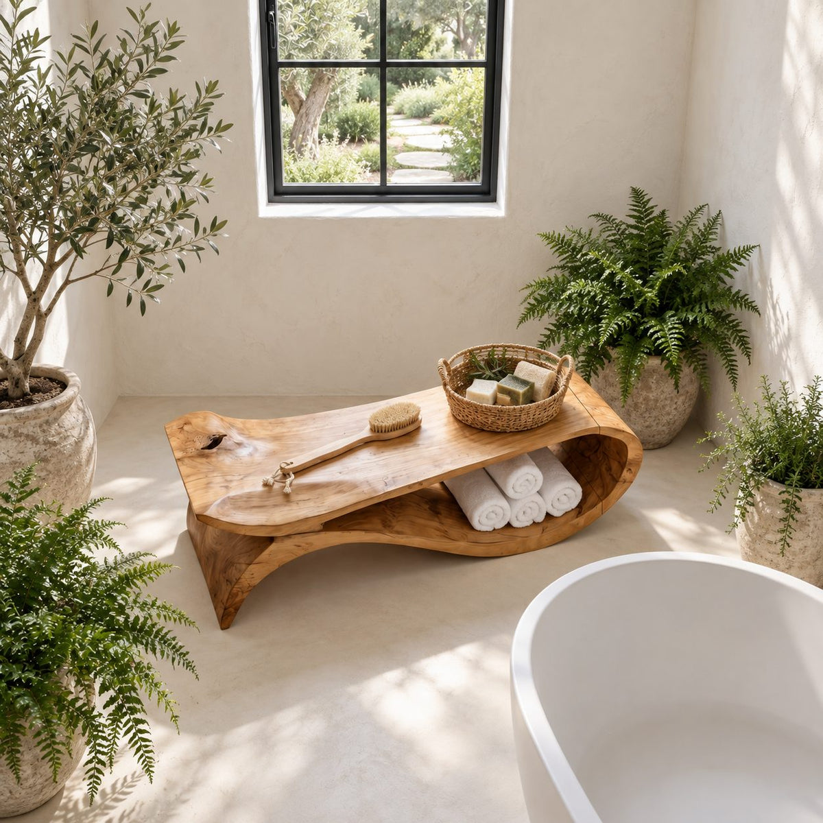 S-Swoop Shower Bench, Tall Solid Wood Spa Bench with Curving Base and Lower Towel Tray, 42-60 Inch