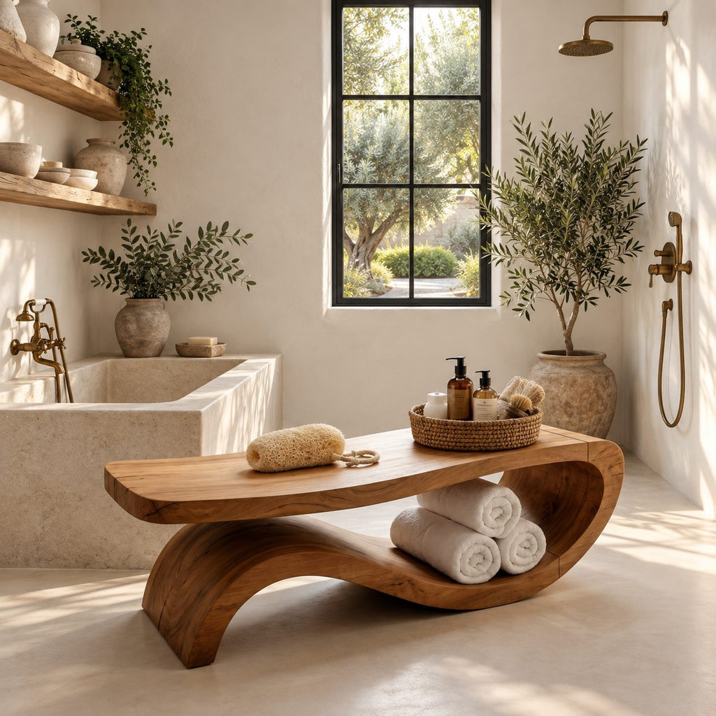 S-Swoop Shower Bench, Tall Solid Wood Spa Bench with Curving Base and Lower Towel Tray, 42-60 Inch