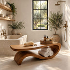 S-Swoop Shower Bench, Tall Solid Wood Spa Bench with Curving Base and Lower Towel Tray, 42-60 Inch