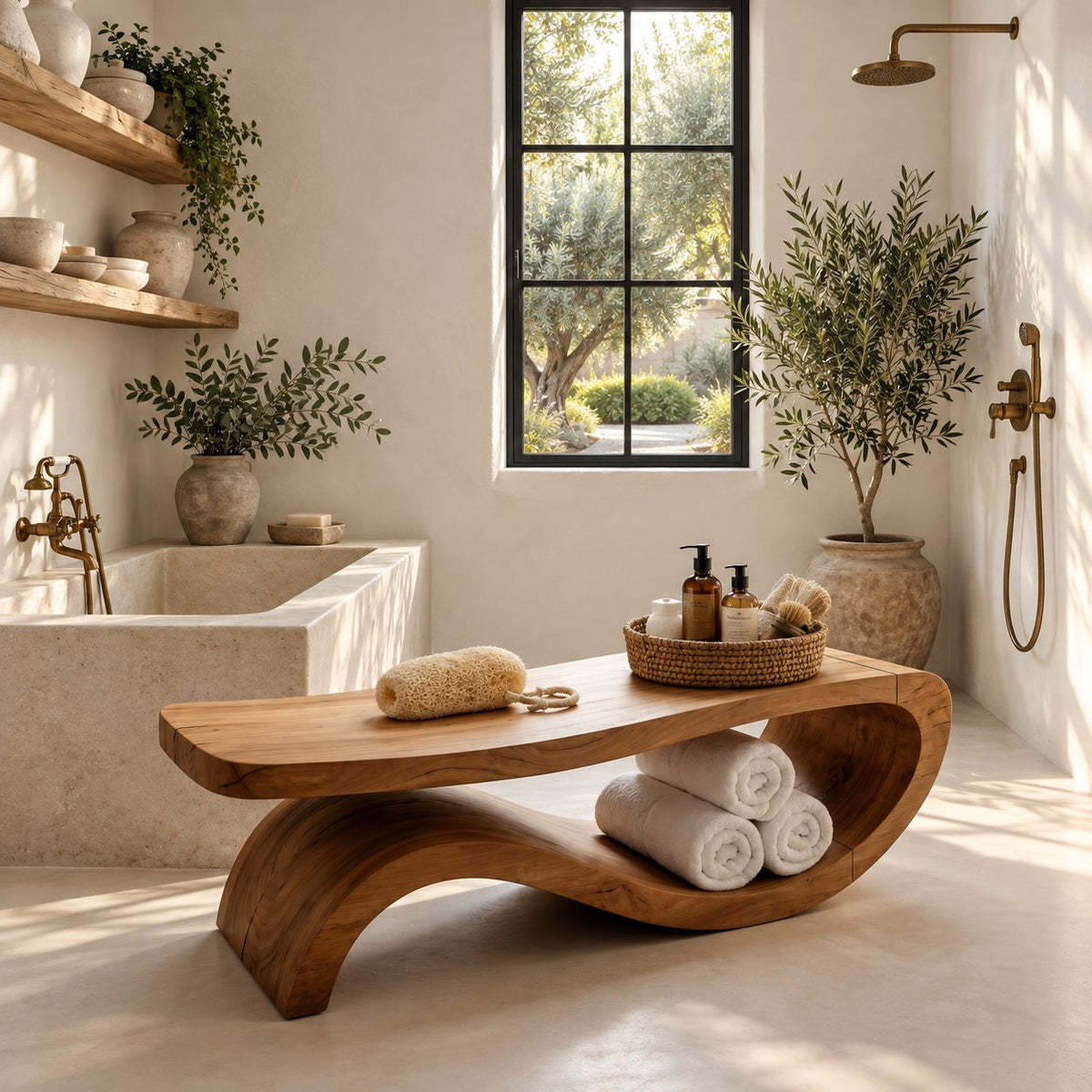 S-Swoop Shower Bench, Tall Solid Wood Spa Bench with Curving Base and Lower Towel Tray, 42-60 Inch