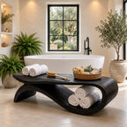 S-Swoop Shower Bench, Tall Solid Wood Spa Bench with Curving Base and Lower Towel Tray, 42-60 Inch