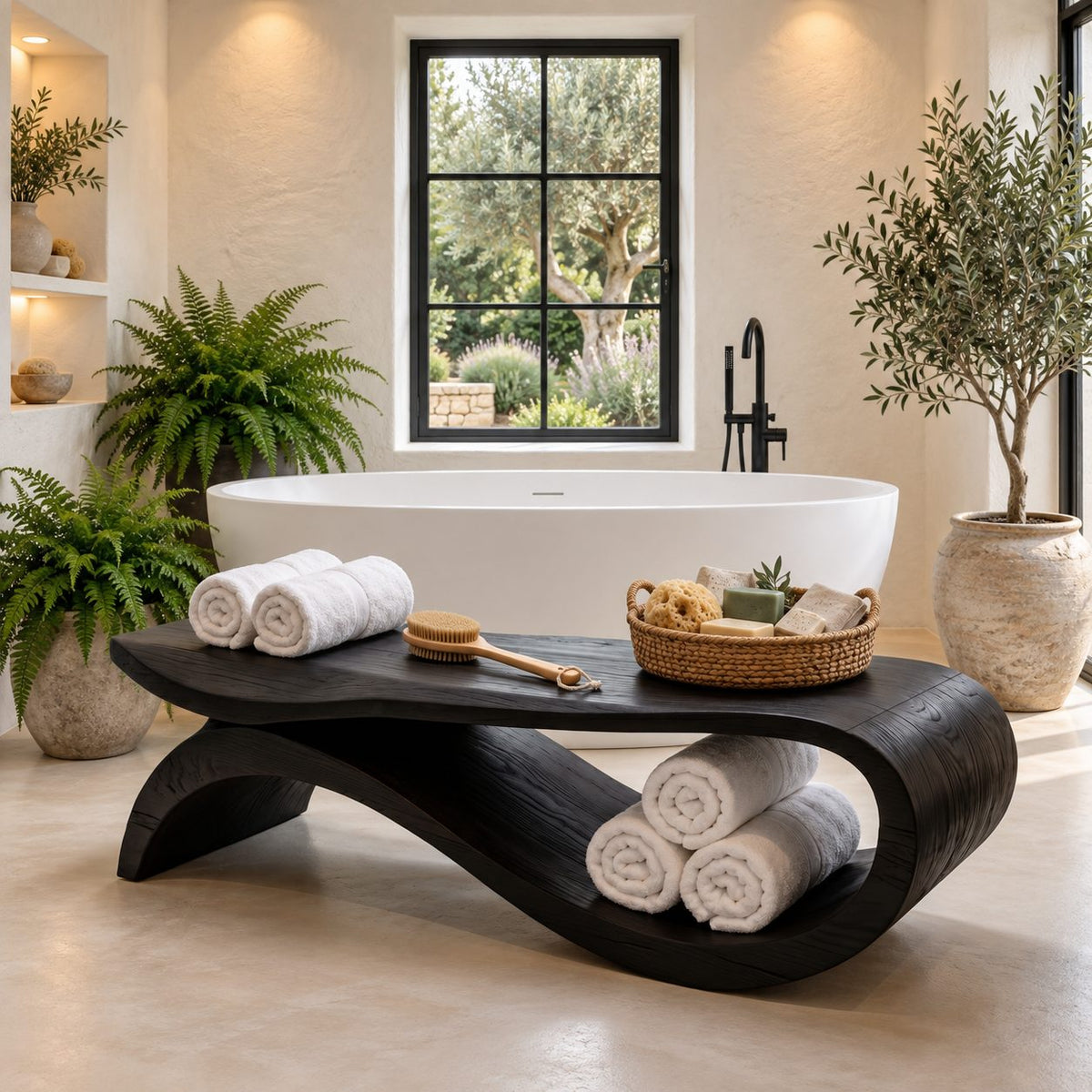 S-Swoop Shower Bench, Tall Solid Wood Spa Bench with Curving Base and Lower Towel Tray, 42-60 Inch