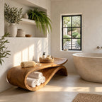 S-Swoop Shower Bench, Tall Solid Wood Spa Bench with Curving Base and Lower Towel Tray, 42-60 Inch