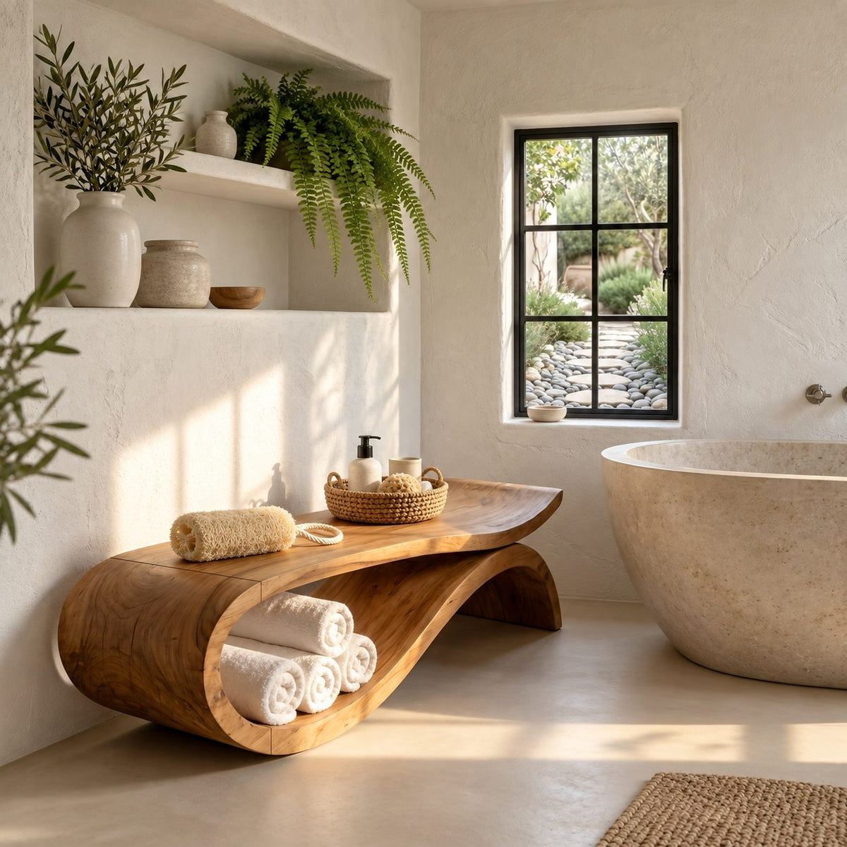 S-Swoop Shower Bench, Tall Solid Wood Spa Bench with Curving Base and Lower Towel Tray, 42-60 Inch