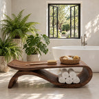 S-Swoop Shower Bench, Tall Solid Wood Spa Bench with Curving Base and Lower Towel Tray, 42-60 Inch