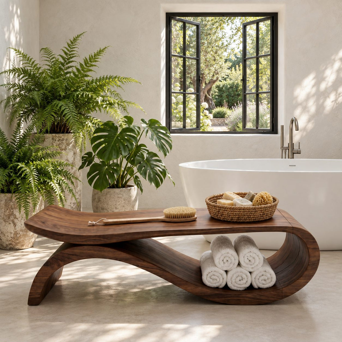 S-Swoop Shower Bench, Tall Solid Wood Spa Bench with Curving Base and Lower Towel Tray, 42-60 Inch