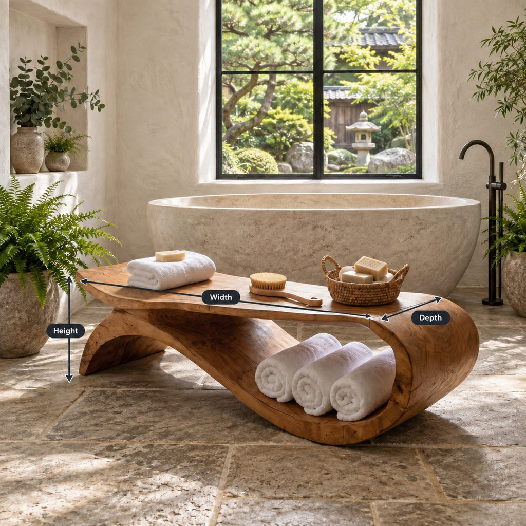 S-Swoop Shower Bench, Tall Solid Wood Spa Bench with Curving Base and Lower Towel Tray, 42-60 Inch