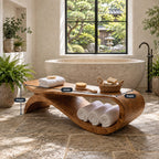 S-Swoop Shower Bench, Tall Solid Wood Spa Bench with Curving Base and Lower Towel Tray, 42-60 Inch