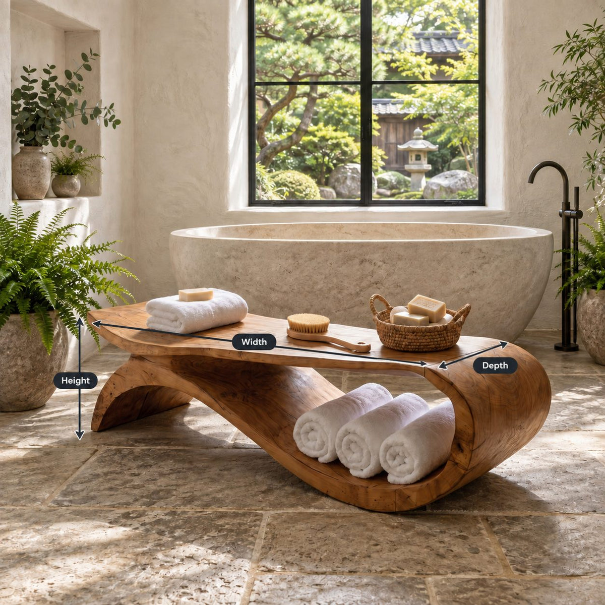 S-Swoop Shower Bench, Tall Solid Wood Spa Bench with Curving Base and Lower Towel Tray, 42-60 Inch