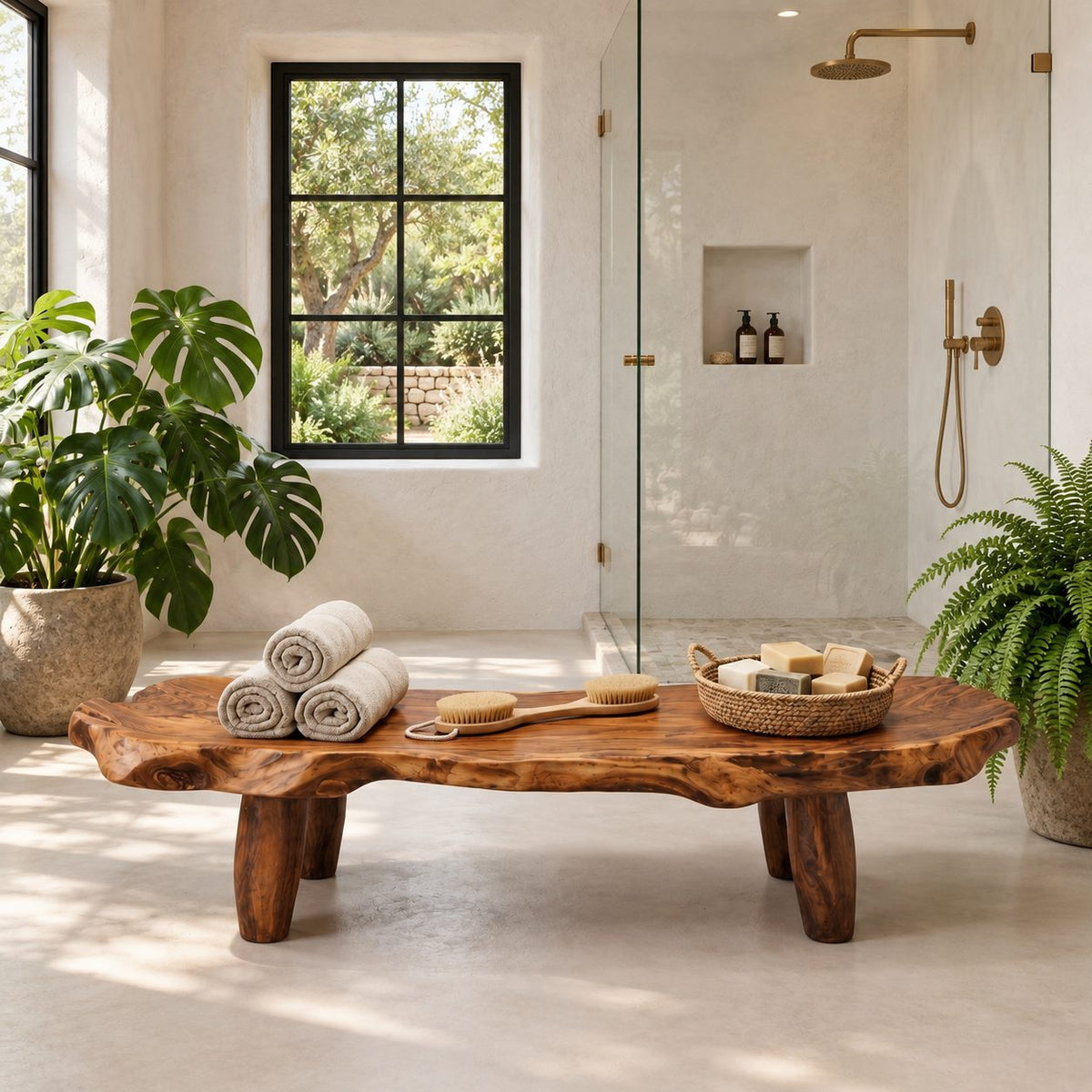 Stump Leg Live Edge Shower Bench, Organic Solid Wood Spa Bench with Four Chunky Legs, 32-60 Inch