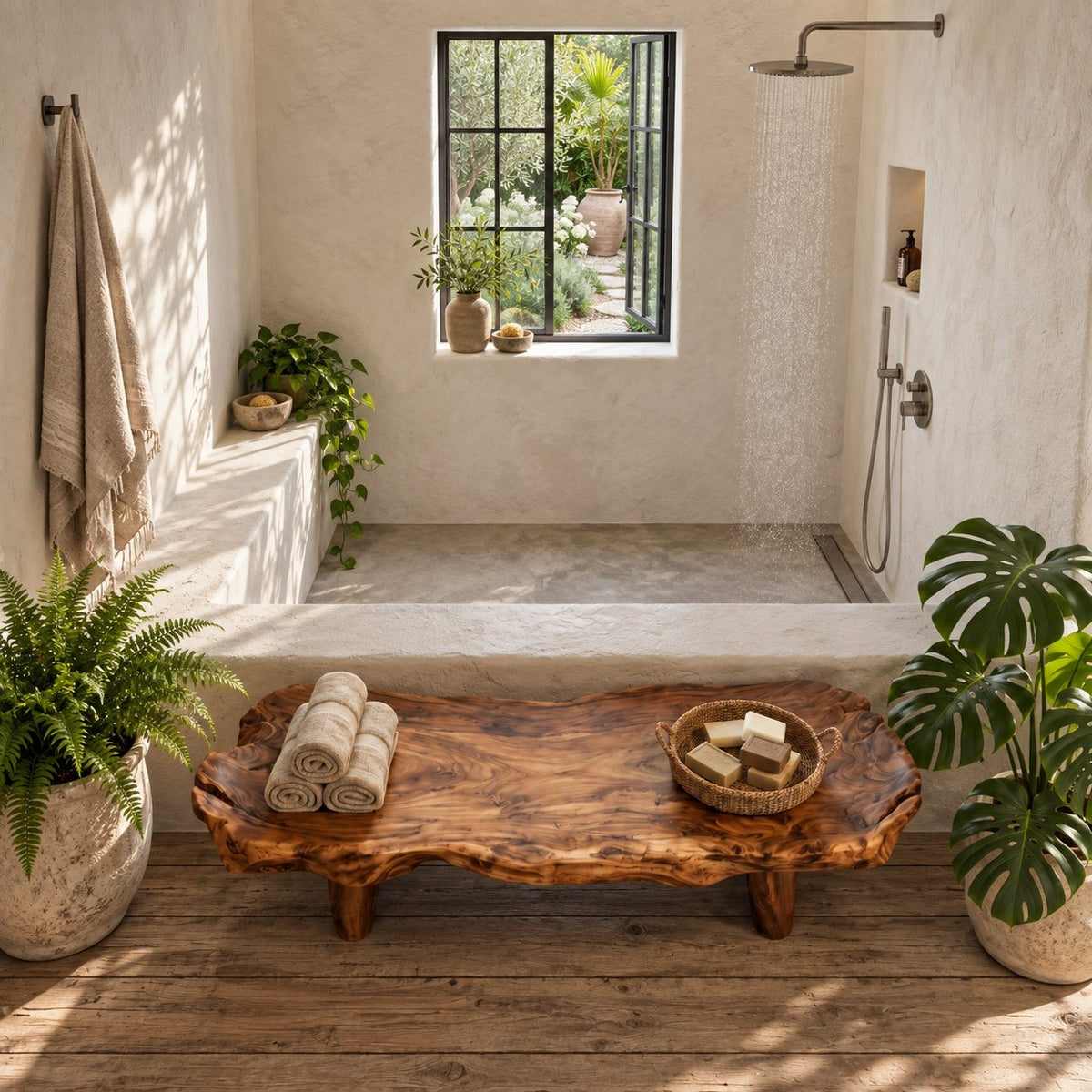 Stump Leg Live Edge Shower Bench, Organic Solid Wood Spa Bench with Four Chunky Legs, 32-60 Inch
