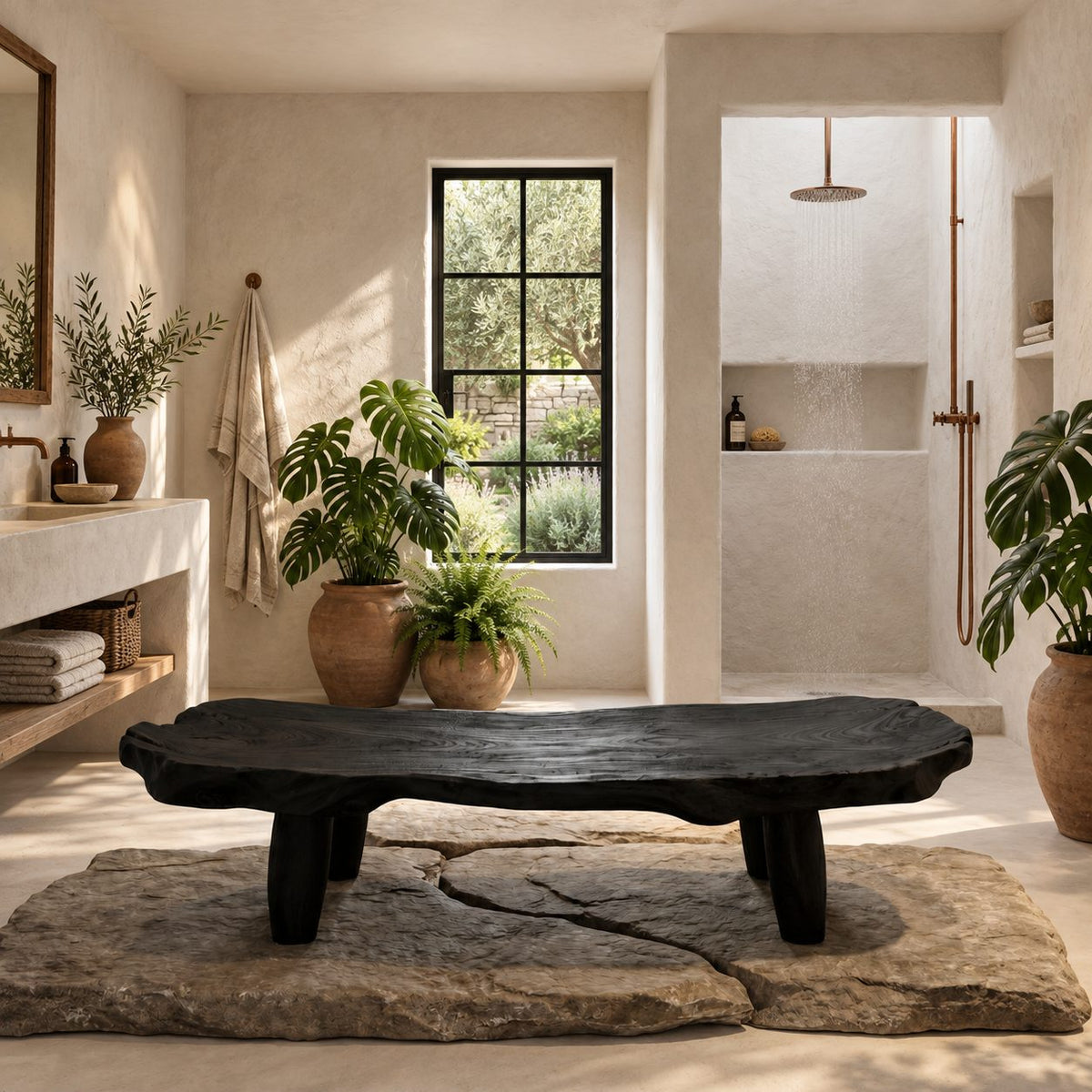 Stump Leg Live Edge Shower Bench, Organic Solid Wood Spa Bench with Four Chunky Legs, 32-60 Inch