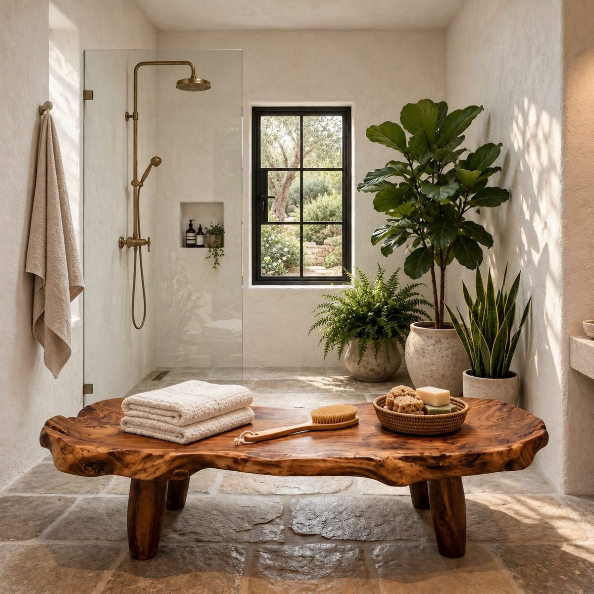 Stump Leg Live Edge Shower Bench, Organic Solid Wood Spa Bench with Four Chunky Legs, 32-60 Inch
