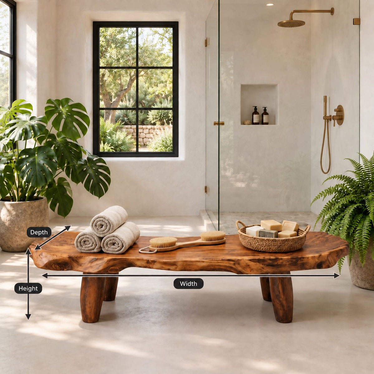 Stump Leg Live Edge Shower Bench, Organic Solid Wood Spa Bench with Four Chunky Legs, 32-60 Inch